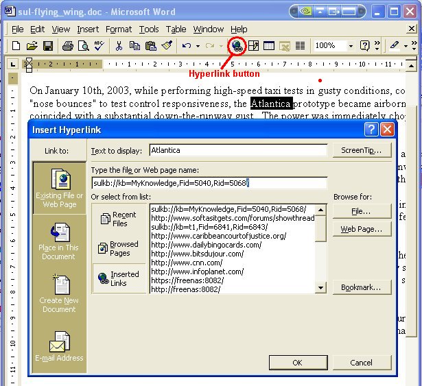 Word Insert Hyperlink dialog