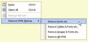 Editing context menu showing Remove HTML Markup.